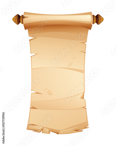 Old parchment scroll with wooden rods and torn edges for text or decoration purposes. Vector cartoon illustration