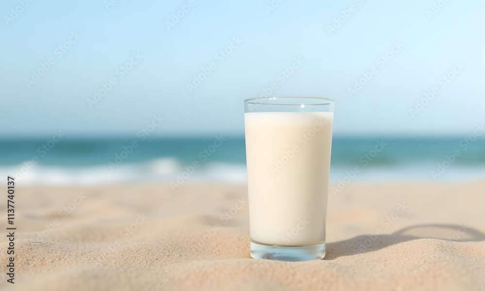 Almond milk smoothie sits invitingly in a clear glass on sandy beach, with the ocean's gentle waves in the background, perfect for a refreshing and healthy treat. Almond milk smoothie sits invitingly in a clear glass on sandy beach, with the ocean's gentle waves in the background, perfect for a refreshing and healthy treat.