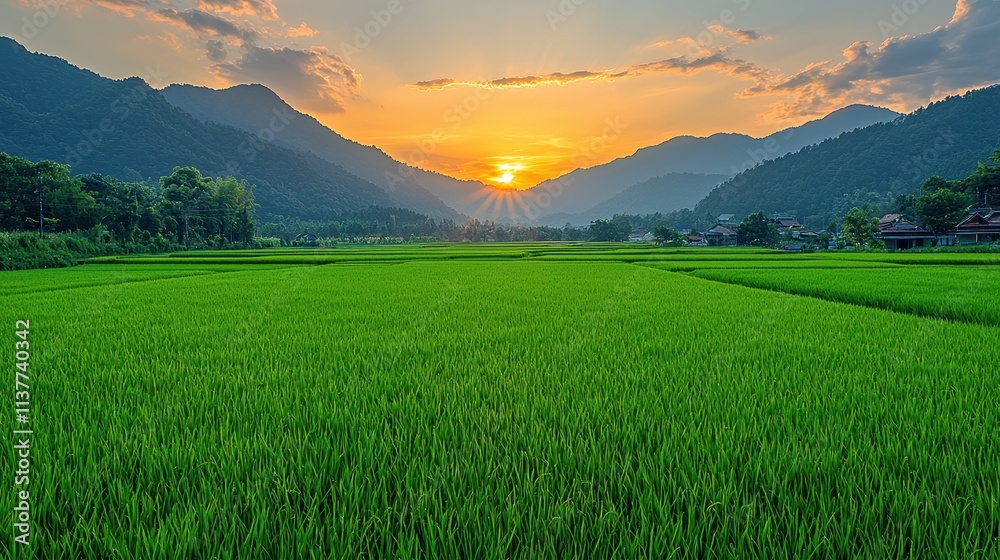 Fototapeta premium Serene Rice Fields Under Stunning Sunset in Valley