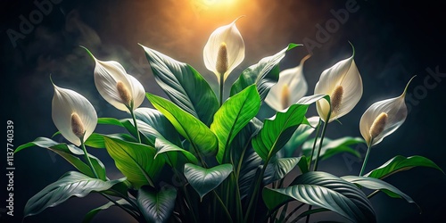 Night Peace Lily Bloom, Dark Green Leaves, Low Light Photography, Peaceful Plant, Stunning Night Shot, Beautiful Flower, Indoor Plant,  Houseplant, Nighttime Botany photo