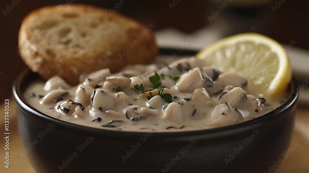Creamy Mushroom Soup Served with Bread and Lemon Creamy Mushroom Soup Served with Bread and Lemon