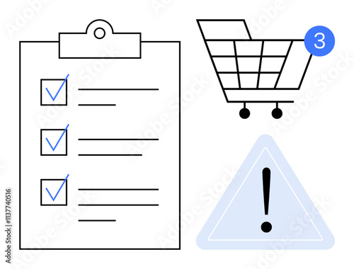 Shopping cart with notification icon, clipboard checklist, and triangle warning sign. Ideal for e-commerce, shopping, organization, task management, product alerts reminders efficiency. Line