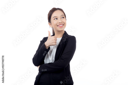 Portrait beautiful businesswoman in suit standing thumbs up isolated on white background, young asian business woman is manager or executive smile with confident is positive and success.