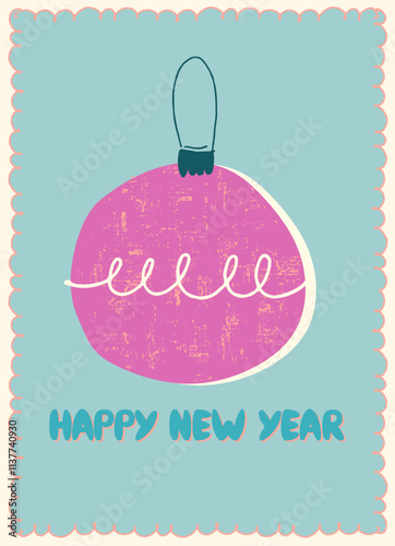 Vintage card Happy New Year with Traditional Christmas and New Year symbols and decorations for festive projects, invitations, wall posters, social media and for home, crafts and goods