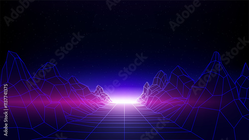 Retro futuristic laser, neon grid background. Synthwave 80s style, neon color. Starry sky background, mesh, grid floor, mountain. Futuristic 3d dark blue magenta backdrop, sci-fi template. Vector