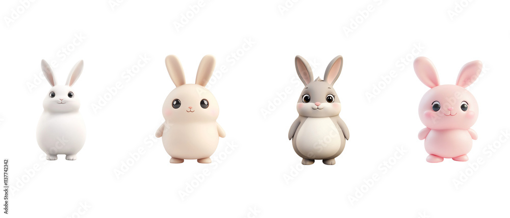 Obraz premium set of Cute, chubby beige rabbit with simple facial features, big eyes, pink cheeks, and a round body shape.