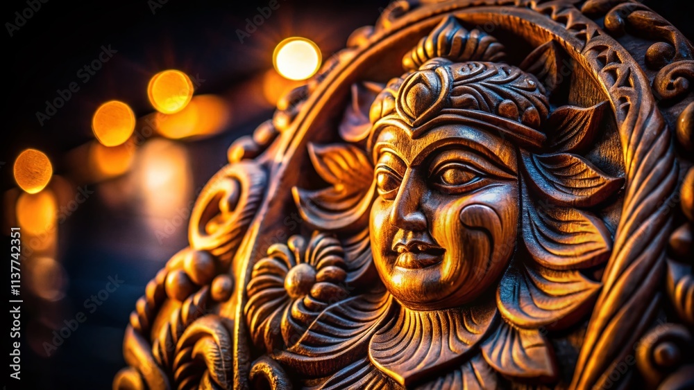 Fototapeta premium Night Photography: Illuminated Wood Carving, Intricate Details, Wooden Sculpture, Dark Background, Artistic Lighting