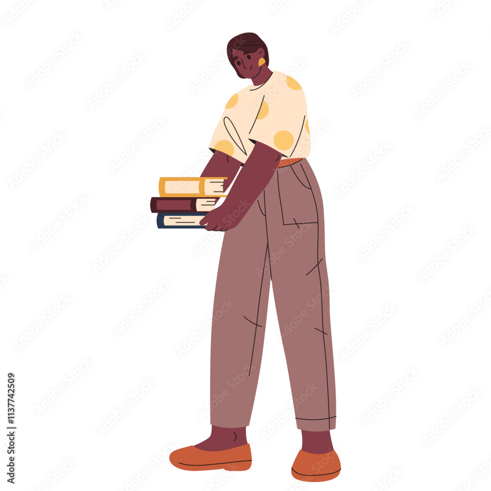 Vector woman holding books pile or literature stack. Female carry documents at office work. Student at library or person hold academic papers for research or study, information. Scholar task.Education Vector woman holding books pile or literature stack. Female carry documents at office work. Student at library or person hold academic papers for research or study, information. Scholar task.Education