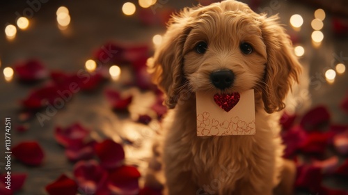 Adorable Puppy Holding Valentines Day Card Amidst Rose Petals photo