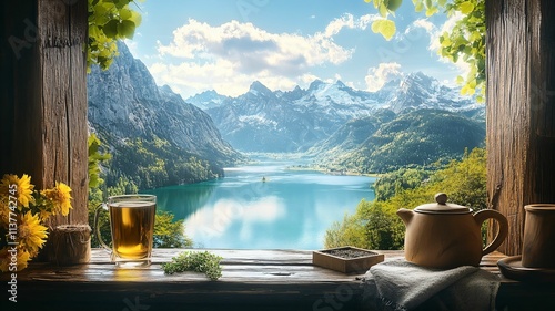 Mountain Lake View with a Glass of Tea and Pot Relax Scenes  photo