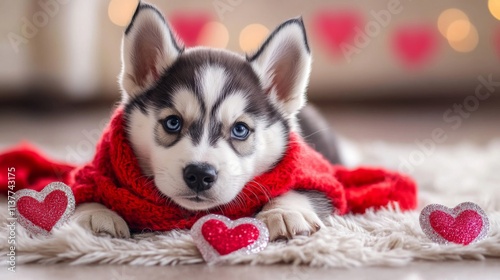 Adorable Husky Puppy Wearing Red Sweater Hearts