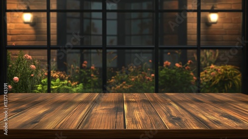 Wooden Table Night View for product Display and Mock up