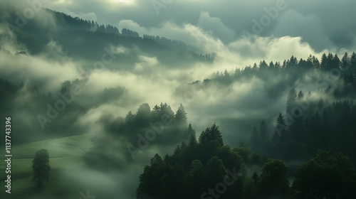 Sunrise or sunset over a beautiful mountain valley with trees in fog, showcasing early spring or autumn colors. Perfect for screensavers or interior design. photo