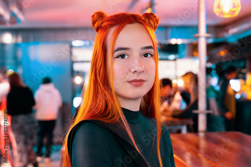 Woman Exploring Vibrant Atmosphere at Asian Food Market photo