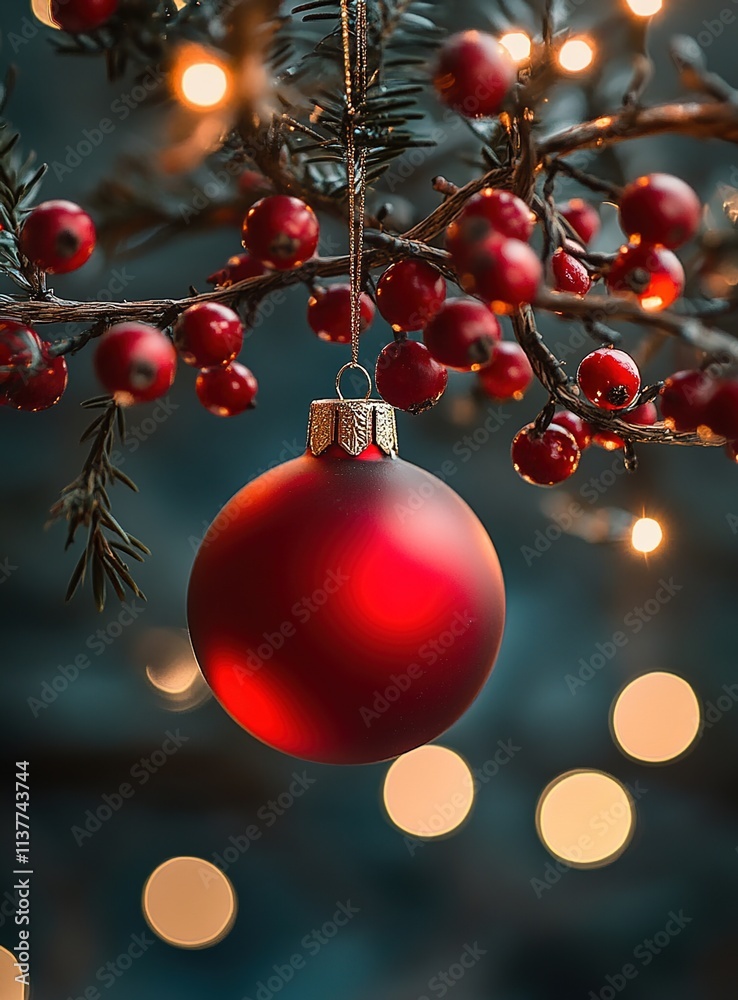 Fototapeta premium Close-up of a red Christmas ornament hanging on a tree, with lights and berries in the background. 