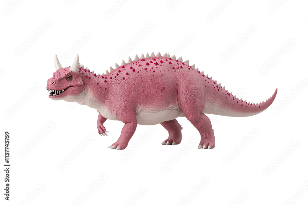 Fototapeta premium A pink dinosaur figurine with spikes and horns, featuring a robust body and short limbs, showcasing a playful and colorful design.