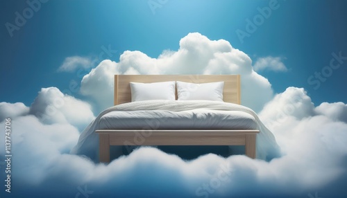 bed stand in a fluffy clouds in the sky symbolic for good sleep photo