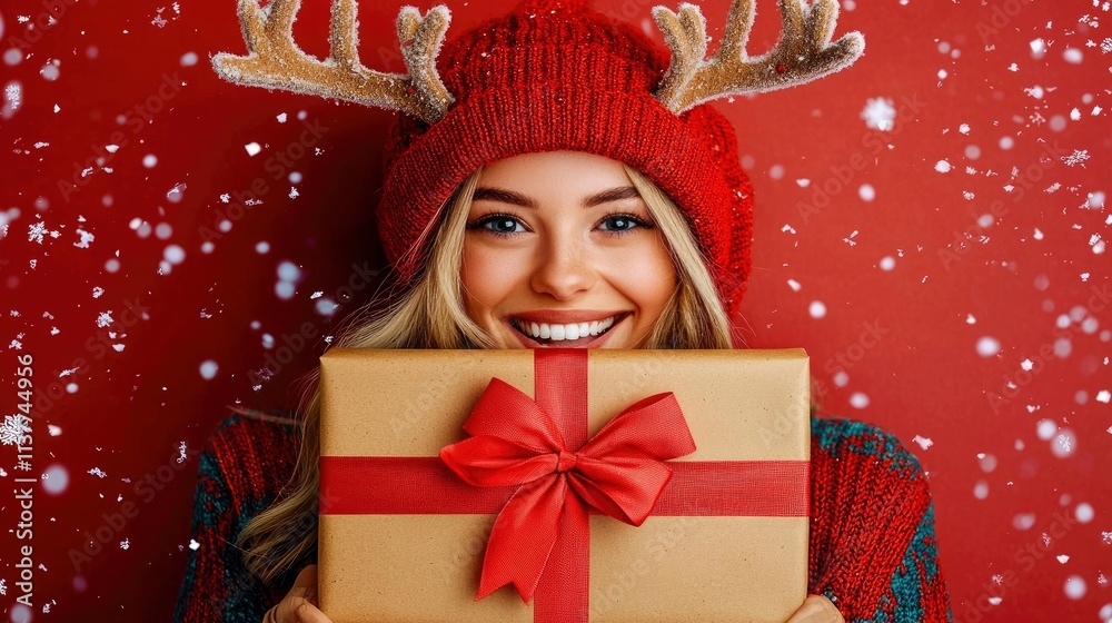 Happy Woman Hiding Behind a Christmas Gift Against a Red Background with Snowflakes Happy Woman Hiding Behind a Christmas Gift Against a Red Background with Snowflakes