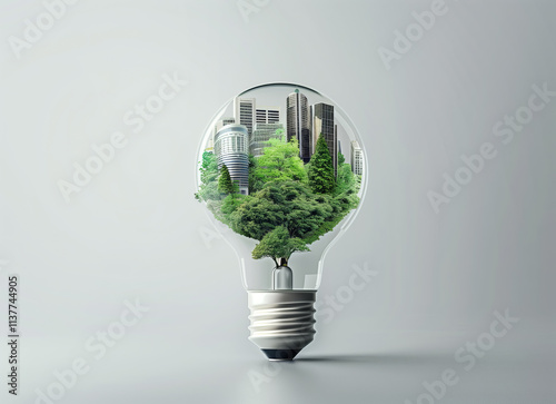 A light bulb containing an urban landscape with green trees, buildings and wind turbines floating in water, symbolizing sustainable energy on a white background.