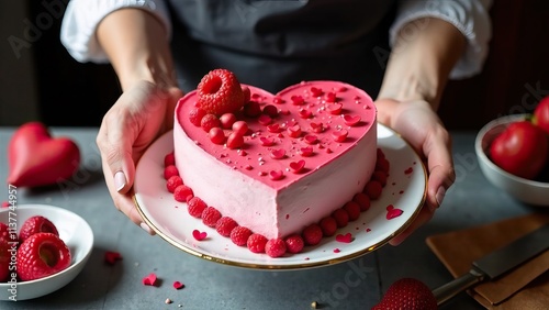 Women's hands hold a heart-shaped cake on a platter in front of them, a bakery, a baker girl