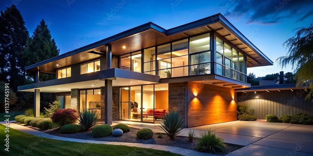 Naklejka premium Night Photography Mid Century Modern Two Story Homes - Architectural Lighting Design