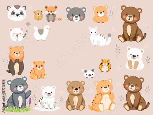 Set of adorable bear vector illustrations in a variety of poses for cute animals poster template cards, template, mammal
