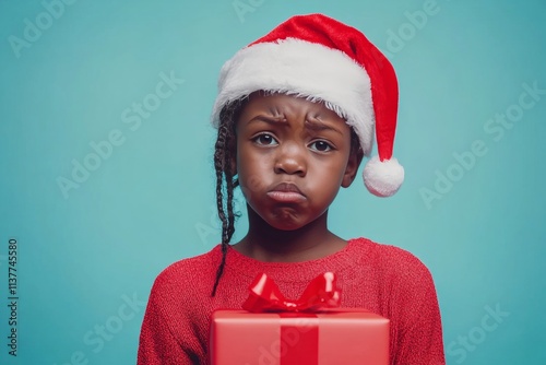 Isolated white black child girl in red santa cap with surprise box in hands, on blue background. Copyspace. Professional xmas photography. Gift under tree. Santa hat gift. Blue santa surpr. photo