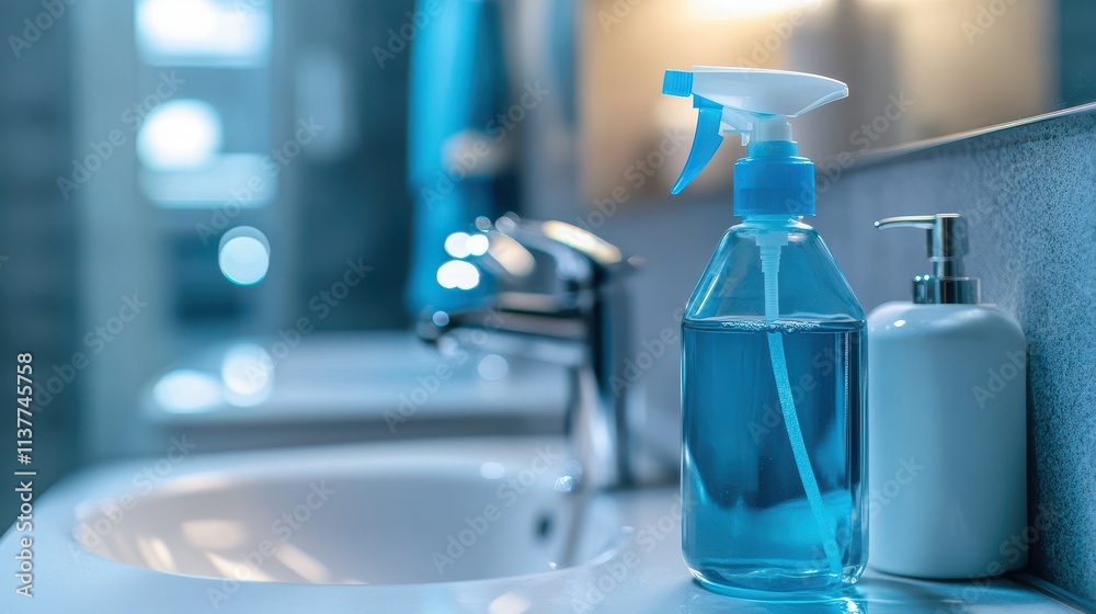 Bathroom Hygiene Blue Cleaning Spray and Soap Dispenser.