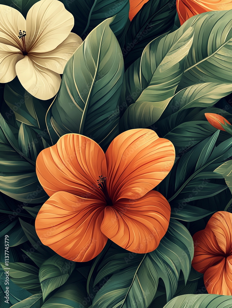 custom made wallpaper toronto digitalLush Tropical Flowers and Leaves  Botanical Illustration