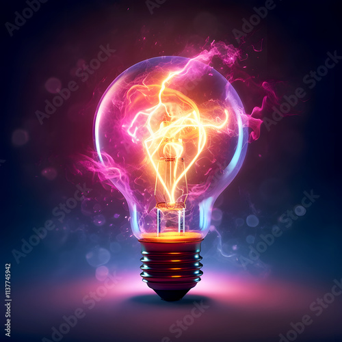 Glowing Electric Light Bulb with Neon Lights Futuristic Abstract Illustration for Marketing, Branding, Ads, Presentations, Social Media, Blogs, Innovation Campaigns, Digital Art photo