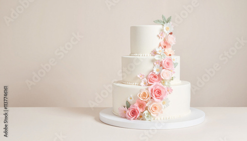 Elegant white wedding cake with pink floral decorations.