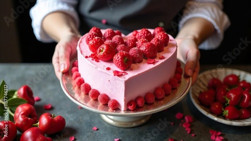 Women's hands hold a heart-shaped cake on a platter in front of them, a bakery, a baker girl