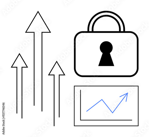 Four ascending arrows, a padlock with keyhole, and a line chart with upward trend. Ideal for business growth, data privacy, cybersecurity, stock performance, financial success, data analytics