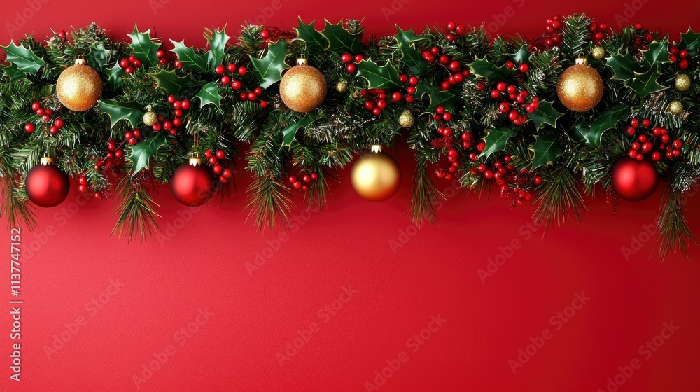 Festive Christmas Holly and Ornament Garland on Red Background Festive Christmas Holly and Ornament Garland on Red Background