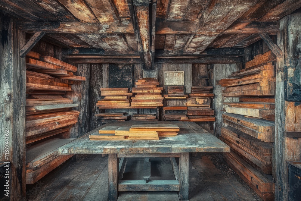 Carpentry workshop with neatly stacked boards and central work table in rustic setting Carpentry workshop with neatly stacked boards and central work table in rustic setting