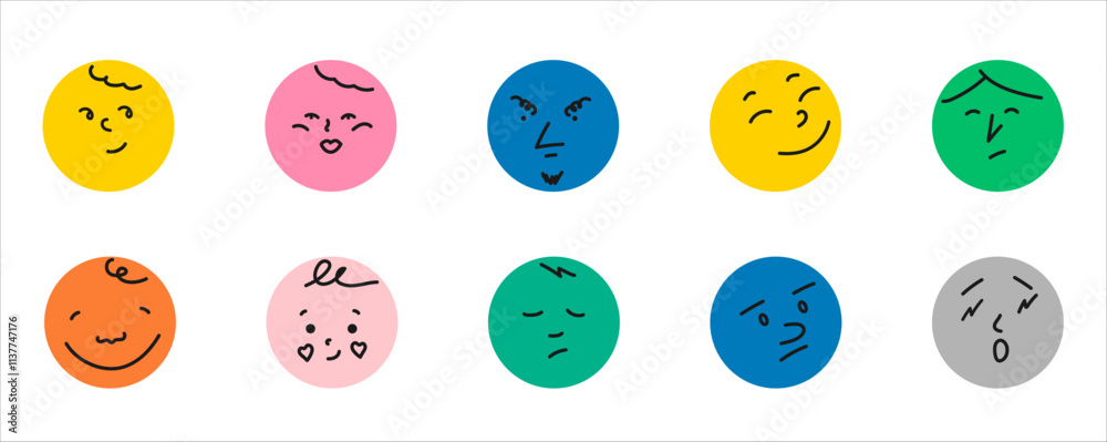 Fototapeta premium round abstract Faces with various Emotions. Different colorful characters. Flat design.