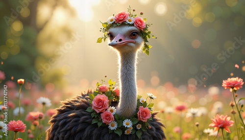 Ostrich with a floral crown, standing gracefully in a sunlit meadow surrounded by flowers
 photo