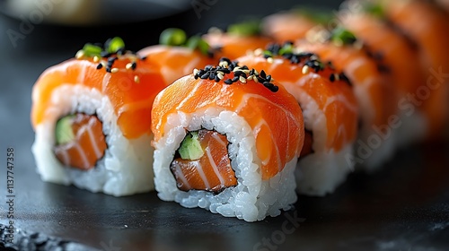 Delicious Salmon Sushi Rolls Garnished With Sesame Seeds photo