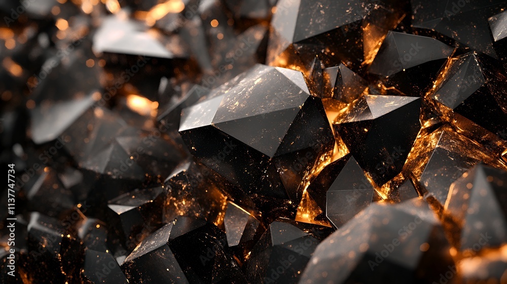 Close-up view of black crystals with warm orange accents, creating a dramatic and glowing abstract background.