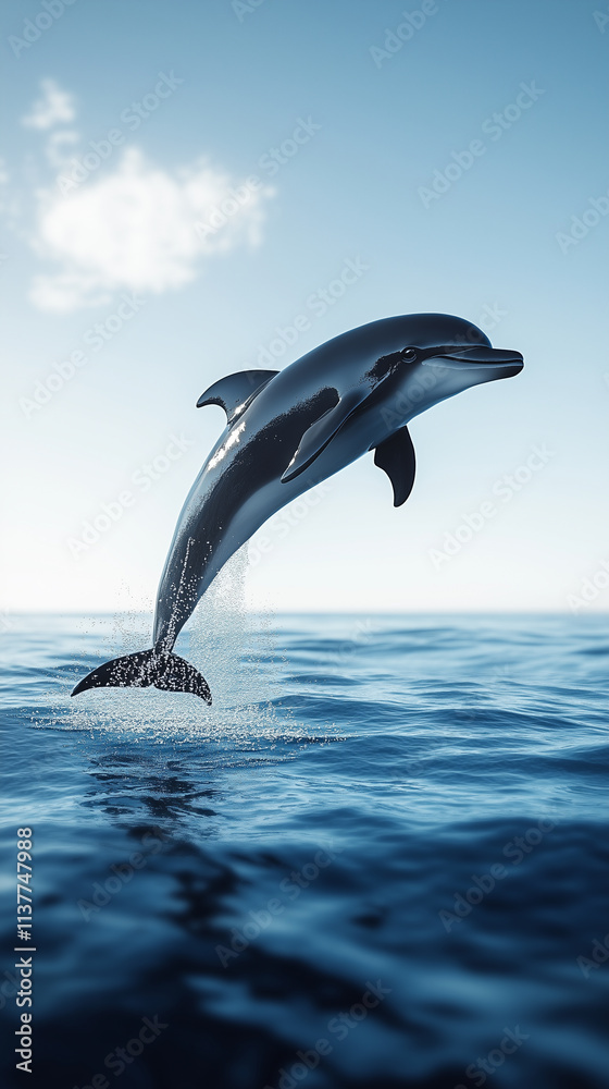 Fototapeta premium A black dolphin leaped out of the water in sunny day