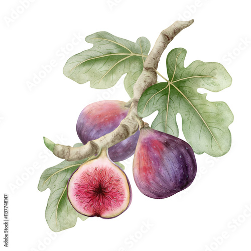 Watercolor figs growing on tree branch with green leaves hand drawn illustration isolated on white. Ripe purple fruits for organic food recipes and summer or fall market. Mediterranean delicacy plant