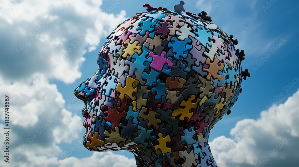 Naklejka premium A human head made entirely of puzzle pieces, some pieces missing, symbolizing the ongoing process of thought development