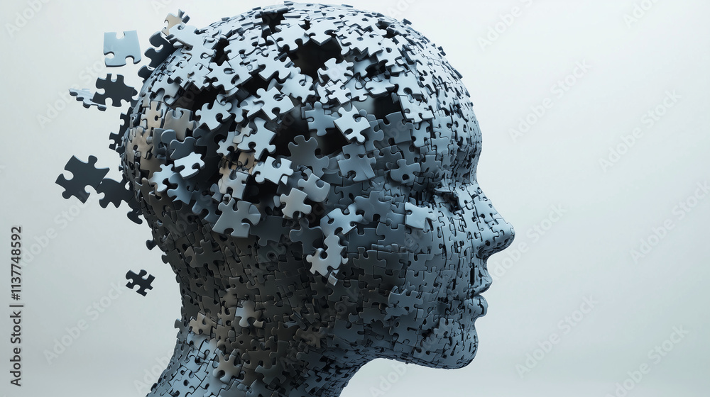 A human head made entirely of puzzle pieces, some pieces missing. white background A human head made entirely of puzzle pieces, some pieces missing. white background