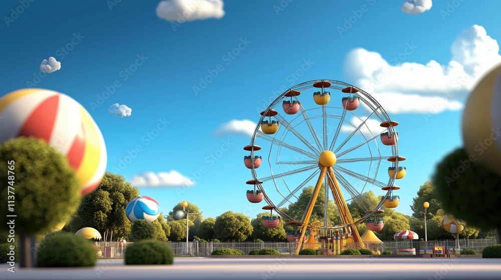 Fototapeta premium Colorful ferris wheel attracts visitors in a vibrant amusement park under a clear blue sky