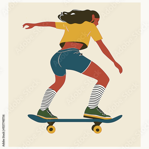 Person skateboarding with long hair, stylishly illustrated.