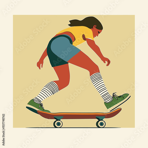 Person skateboarding with long hair, stylishly illustrated.