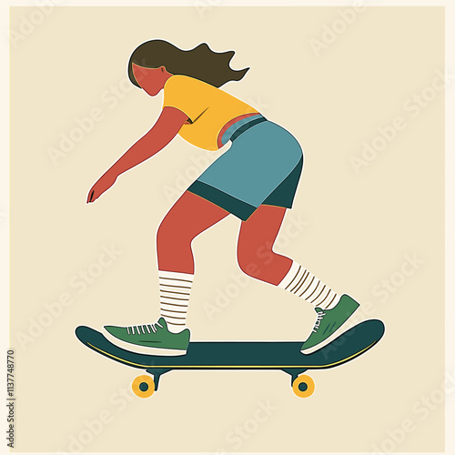 Person skateboarding with long hair, stylishly illustrated.