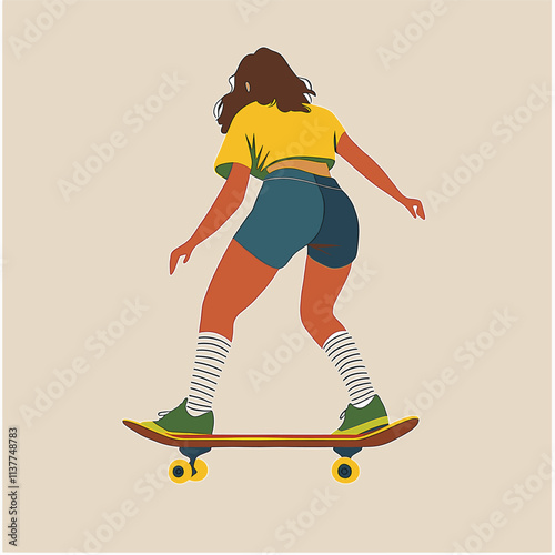 Person skateboarding with long hair, stylishly illustrated.