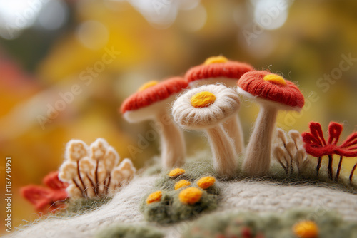 Felted forest scene with flowers and autumn hues photo