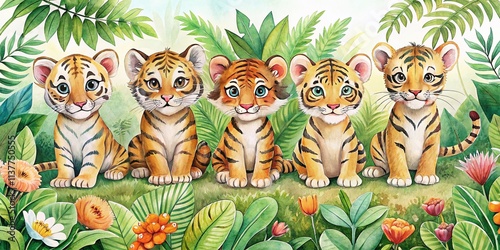 Vintage Style Watercolor Tiger Illustrations for Baby Clothes, Stickers, Postcards, Baby Showers, Apps, Games, and Safari Jungle Themed Books photo